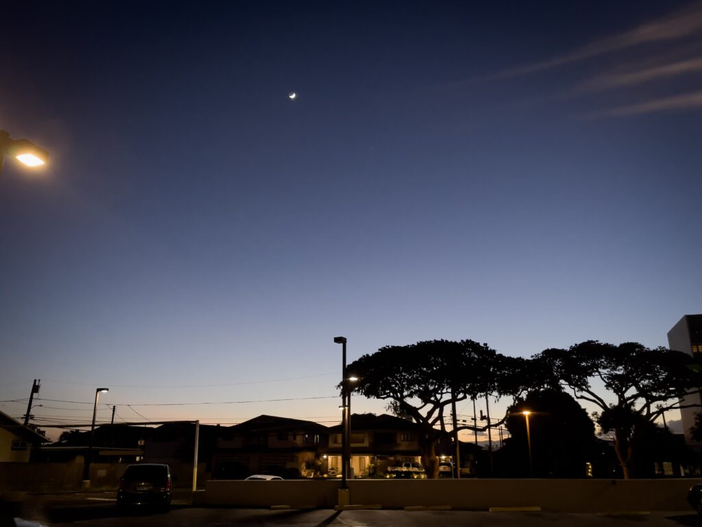 日没直後のブルーアワーに撮影した、ワイキキ近くの住宅地と木々のシルエット