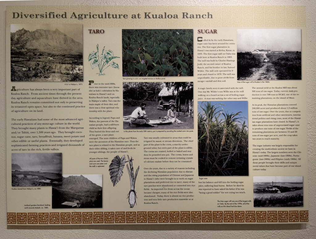 クアロア・ランチのヒストリーホールに展示されている、農業の多様性を伝えるパネル