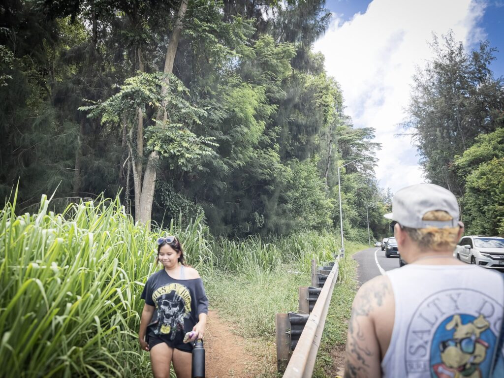 高速道路のすぐ横を歩き、プウ・マエリエリ・トレイルのトレイルヘッドへ向かう途中。反対側からはハイキングを終えた人が戻ってきている。